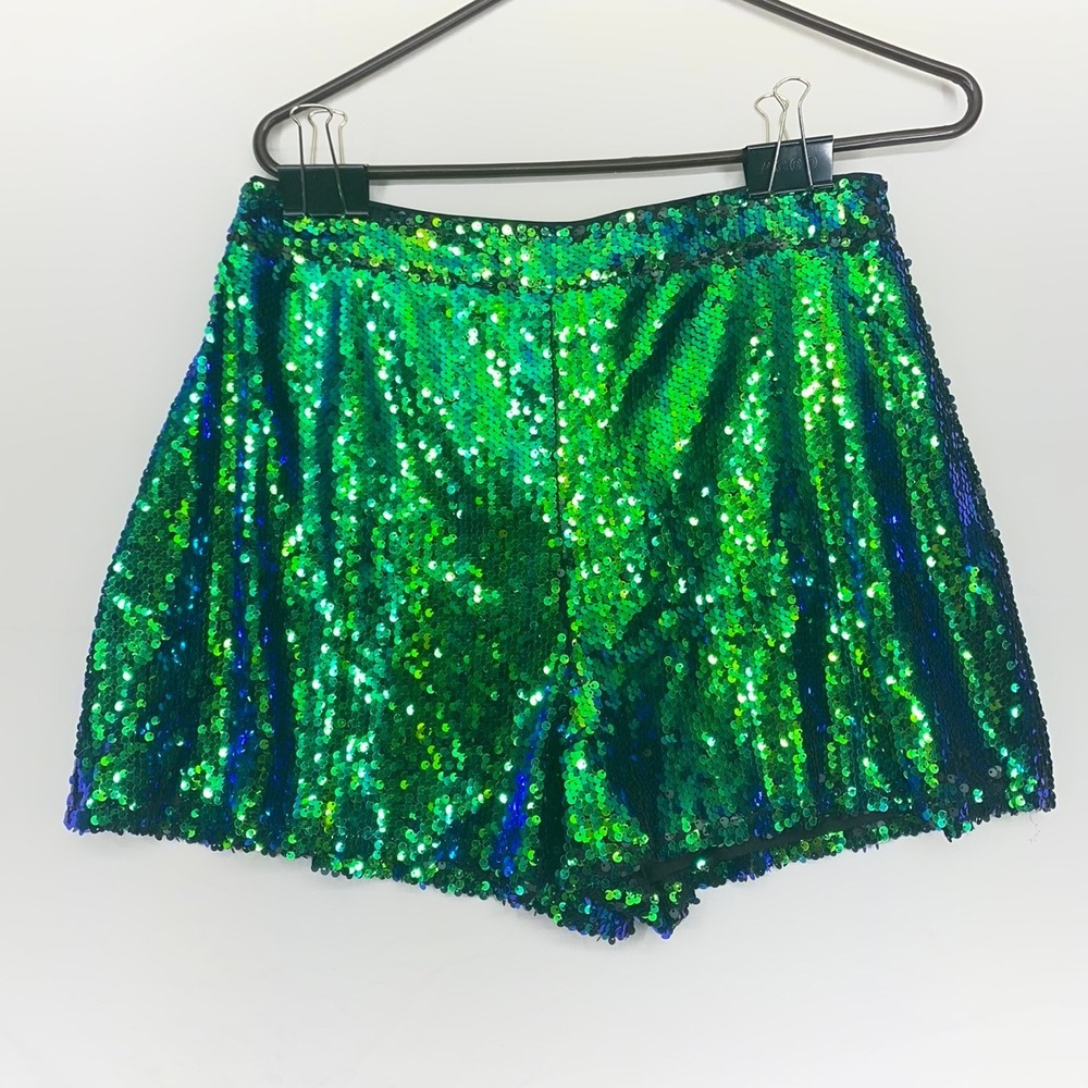 Boohoo Night Green Sequin Shorts Womens US 10 Emerald Sparkle Party Festival